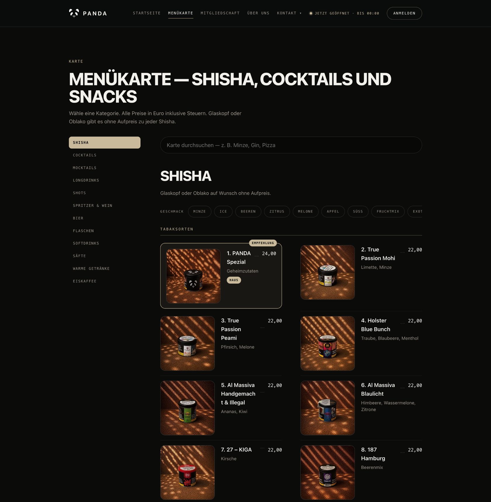 PANDA Lounge Website – Menükarte